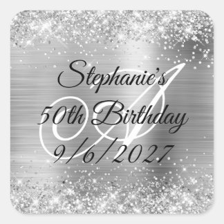 Faux Silver Glitter and Foil 50th Birthday Square Sticker