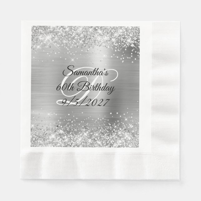 Faux Silver Glitter and Foil 60th Birthday Napkin (Front)