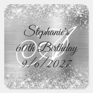 Faux Silver Glitter and Foil 60th Birthday Square Sticker