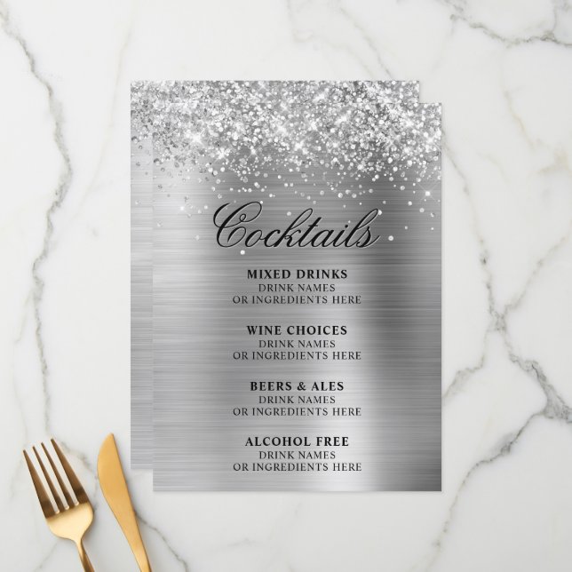 Faux Silver Glitter and Foil Cocktails Bar Menu (Front/Back In Situ)