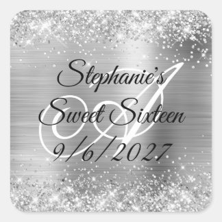 Faux Silver Glitter and Foil Sweet Sixteen Square Sticker