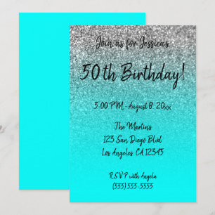 Faux Silver Glitter Aqua Ombre 50th Birthday Invitation