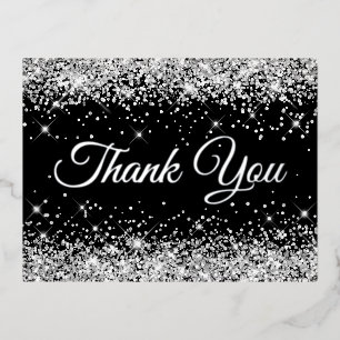 Faux Silver Glitter Black 40th Birthday Thank You Foil Invitation Postcard