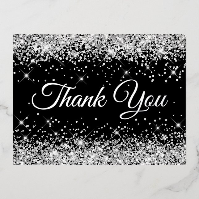 Faux Silver Glitter Black 40th Birthday Thank You Foil Invitation Postcard (Front)