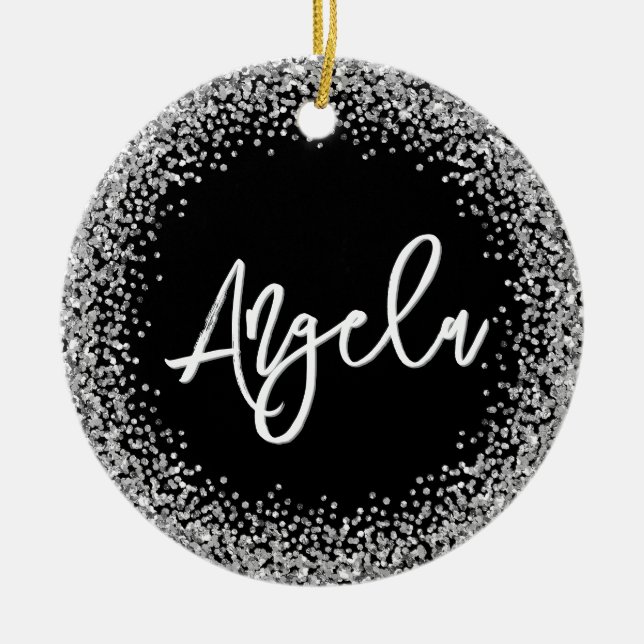 Faux Silver Glitter Black Photo Ceramic Tree Decoration (Front)