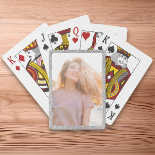 Faux Silver Glitter Border Photo Playing Cards