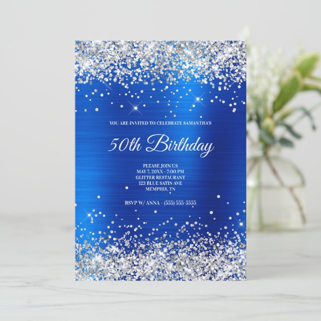 Faux Silver Glitter Bright Blue Satin Ombre Foil Invitation (Standing Front)