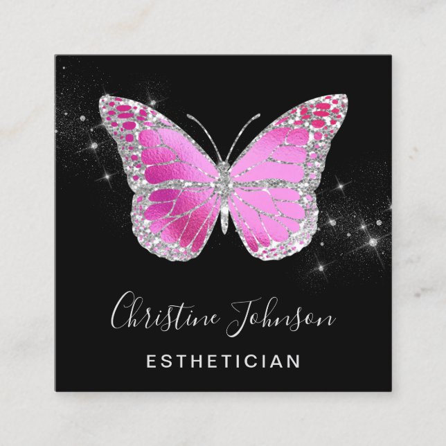 faux silver glitter butterfly square business card (Front)