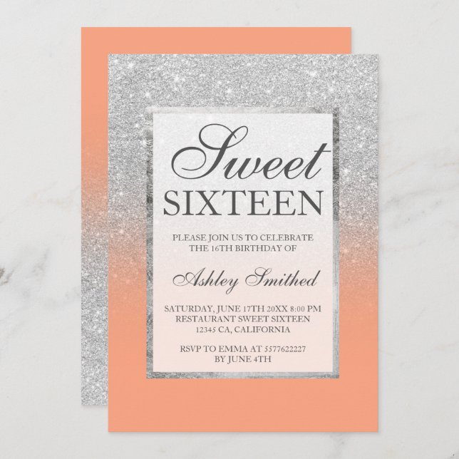 Faux silver glitter chic elegant orange Sweet 16 Invitation (Front/Back)