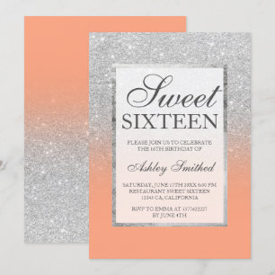 Faux silver glitter chic elegant orange Sweet 16 Invitation