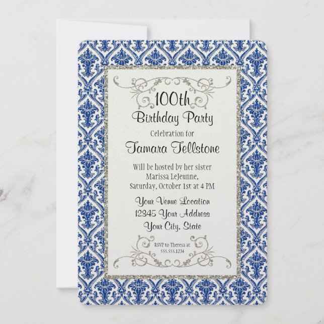 Faux Silver Glitter Damask Floral Pattern Birthday Invitation (Front)