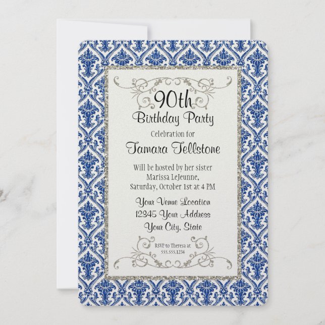 Faux Silver Glitter Damask Floral Pattern Birthday Invitation (Front)