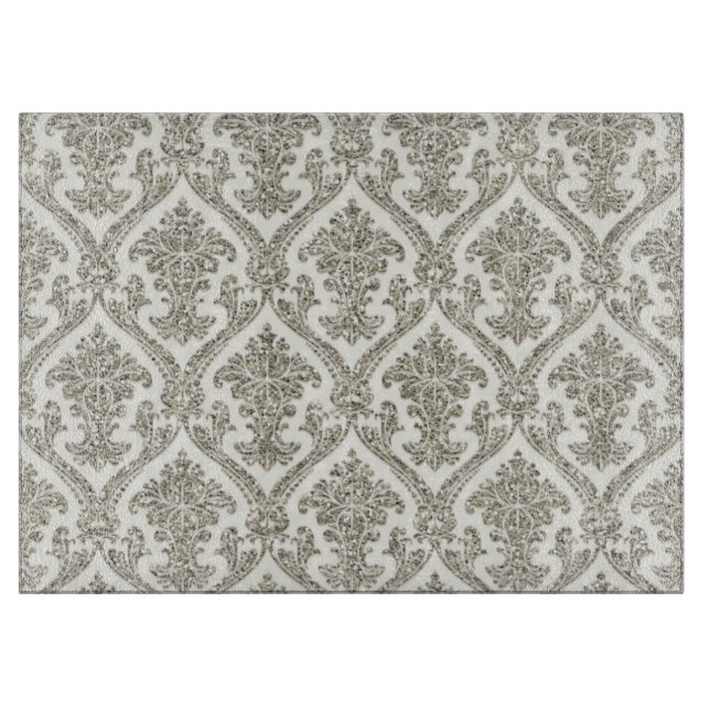 Faux Silver Glitter Damask Floral Pattern Kitchen Cutting Board (Front)