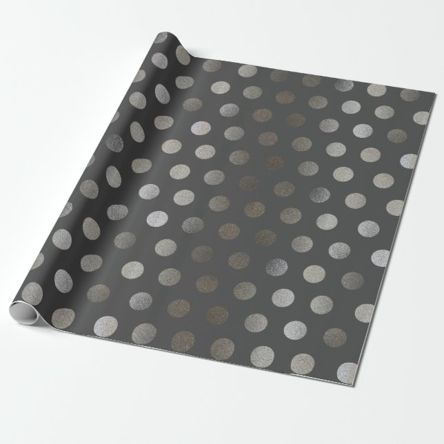 Faux Silver Glitter & Dark Grey Medium Polka Dot Wrapping Paper (Unrolled)