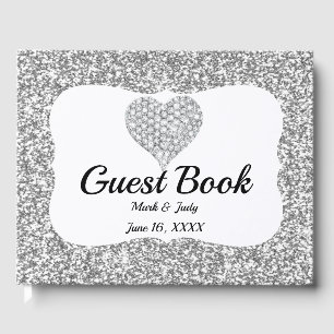 Faux Silver Glitter Diamond Heart Wedding Guest Book