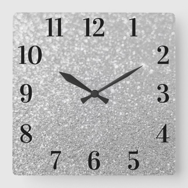 Faux Silver Glitter Elegant Black Numbers Square Wall Clock (Front)
