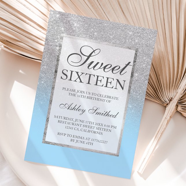 Faux silver glitter elegant ice blue Sweet 16 Invitation (Creator Uploaded)
