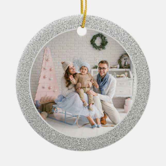 Faux Silver Glitter Family Photo Christmas Ceramic Tree Decoration (Front)