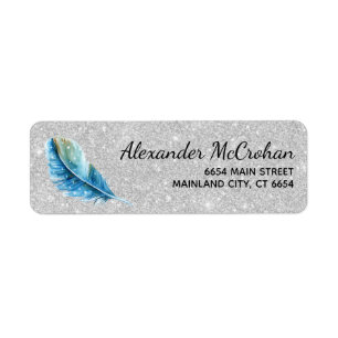 Faux Silver Glitter Foil Feather Return Address
