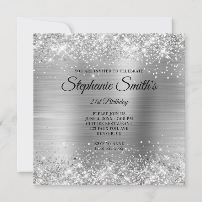 Faux Silver Glitter Foil Monogram 21st Birthday Invitation (Front)