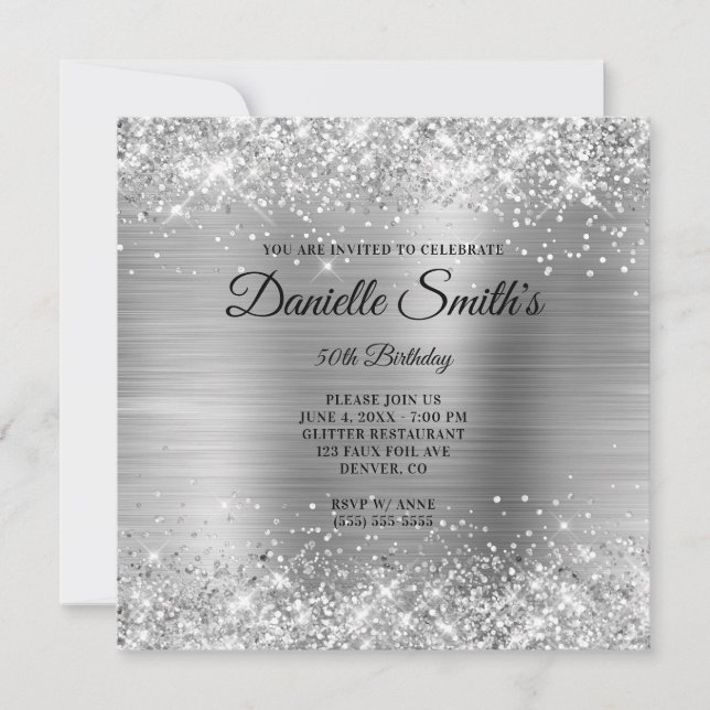 Faux Silver Glitter Foil Monogram 50th Birthday Invitation (Front)