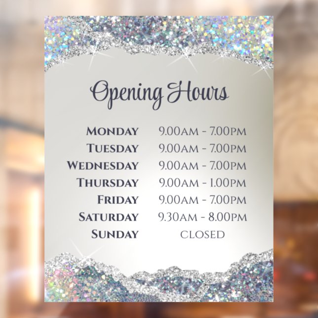 Faux Silver Glitter Foil Opening Hours Window Cling (Sheet 2)