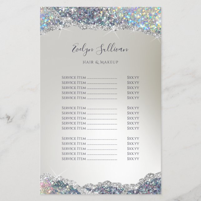 Faux silver glitter foil price list flyer (Front)