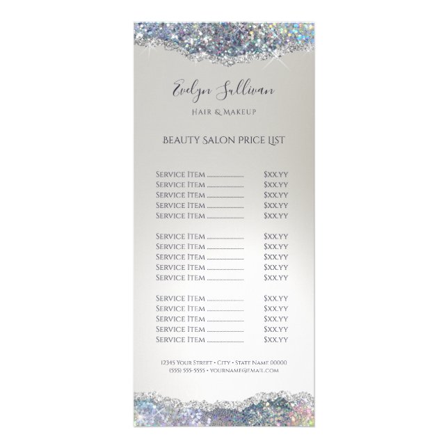 Faux silver glitter foil price list rack card (Front)