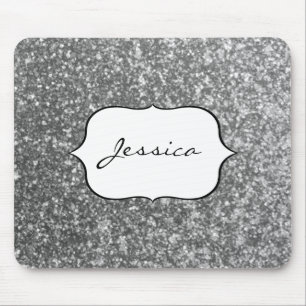 Faux Silver Glitter Glamour Girly Glam Name Mouse Mat