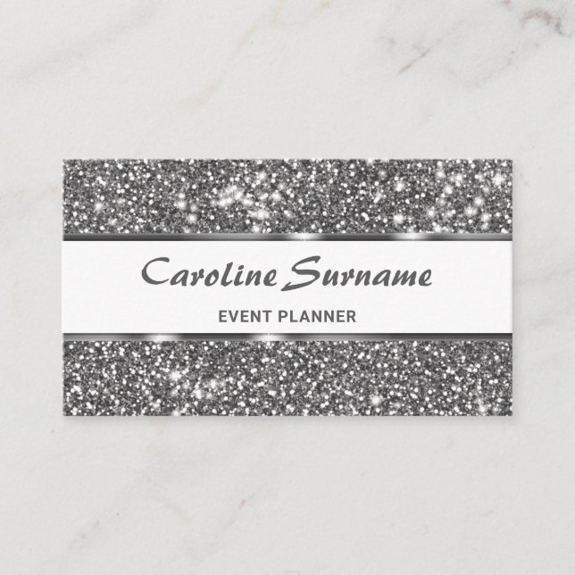Faux Silver Glitter Grey Glitter Event Planner Business Card (Front)