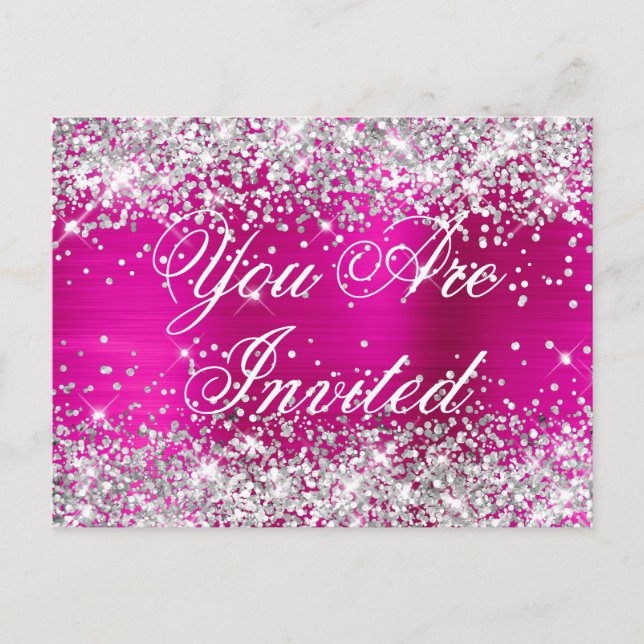 Faux Silver Glitter Hot Pink Birthday Invitation Postcard (Front)