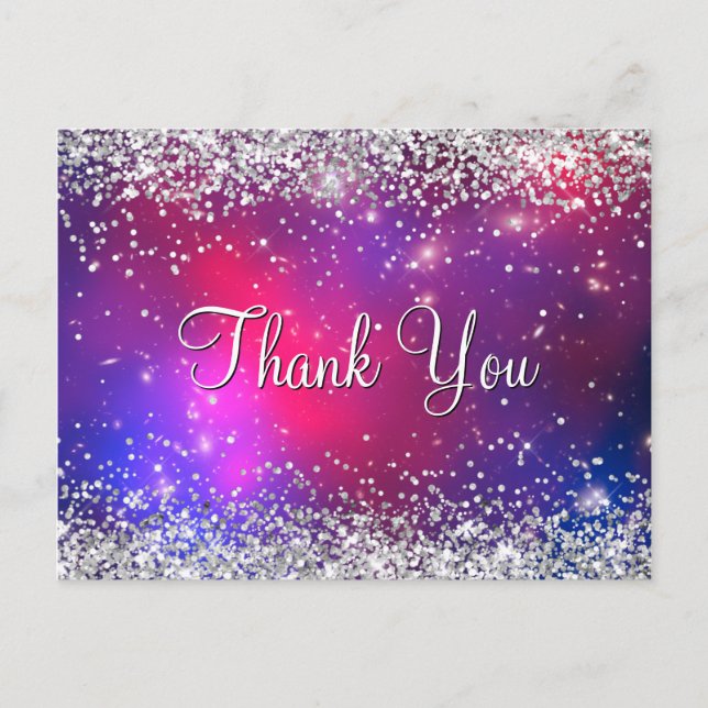 Faux Silver Glitter Hot Pink Celestial Thank You Postcard (Front)