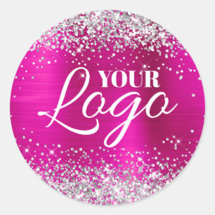 Faux Silver Glitter Hot Pink Foil Logo Classic Round Sticker