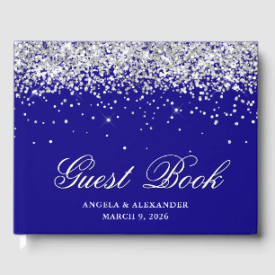 Faux Silver Glitter Indigo Blue Wedding Guest Book