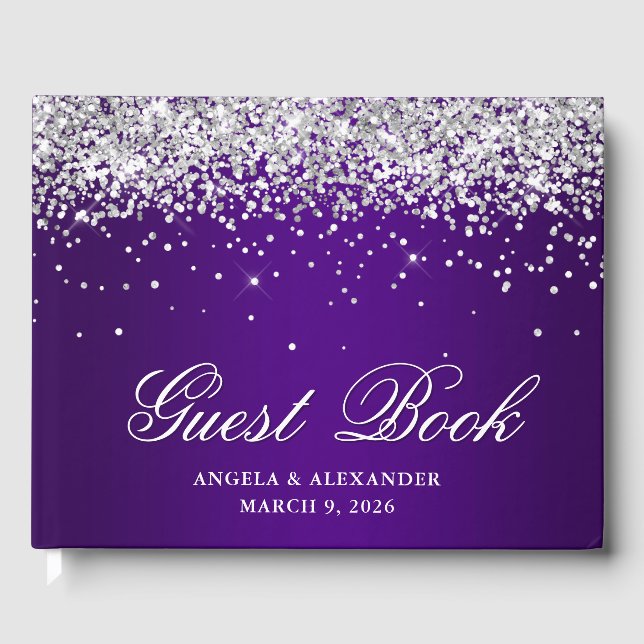 Faux Silver Glitter Indigo Purple Ombre Wedding Guest Book (Front)