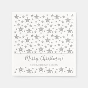 Faux Silver Glitter Look Stars Pattern Christmas Napkin