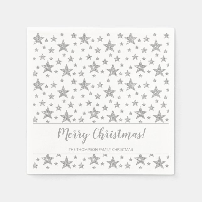 Faux Silver Glitter Look Stars Pattern Christmas Napkin (Front)