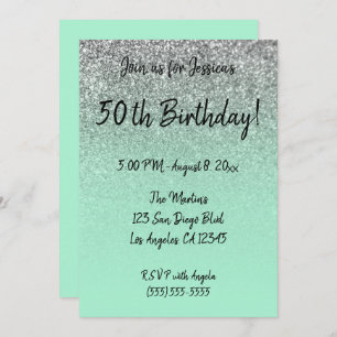 Faux Silver Glitter Mint Green Ombre 50th Birthday Invitation