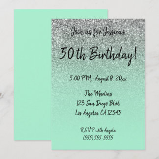 Faux Silver Glitter Mint Green Ombre 50th Birthday Invitation