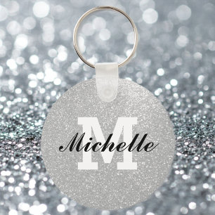 Faux silver glitter monogram key chain