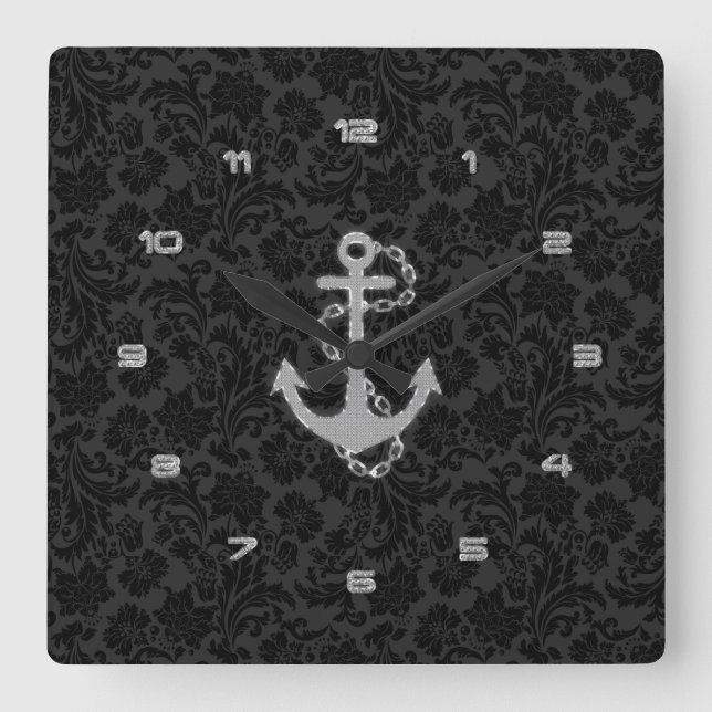 Faux Silver Glitter Nautical Anchor Square Wall Clock (Front)