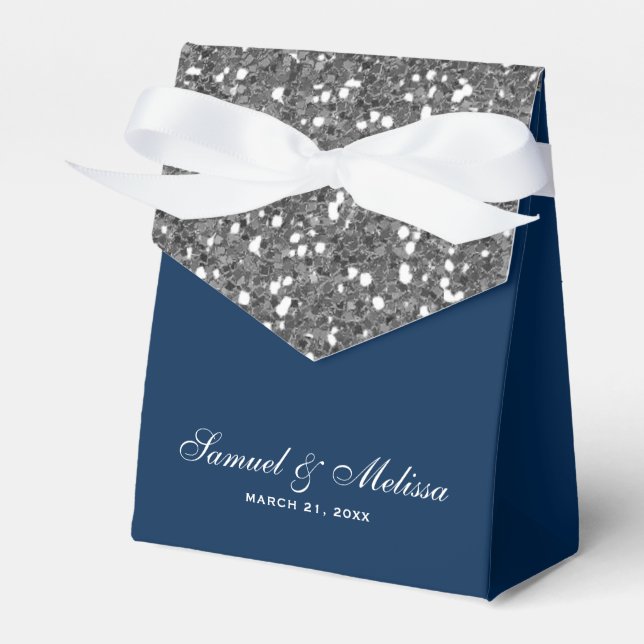 Faux Silver Glitter Navy Blue Wedding Favour Box (Front Side)
