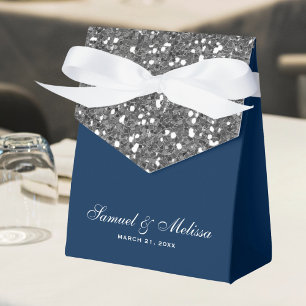 Faux Silver Glitter Navy Blue Wedding Favour Box