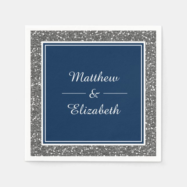 Faux Silver Glitter Navy Blue Wedding Paper Napkin (Front)