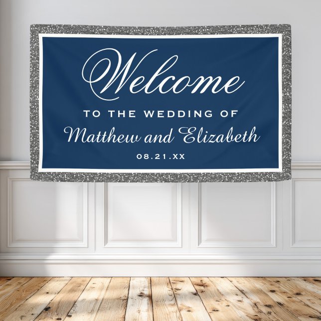 Faux Silver Glitter Navy Blue Wedding Welcome Banner (Creator Uploaded)