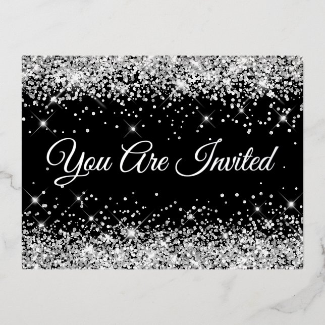 Faux Silver Glitter on Black 40th Birthday  Foil Invitation Postcard (Front)