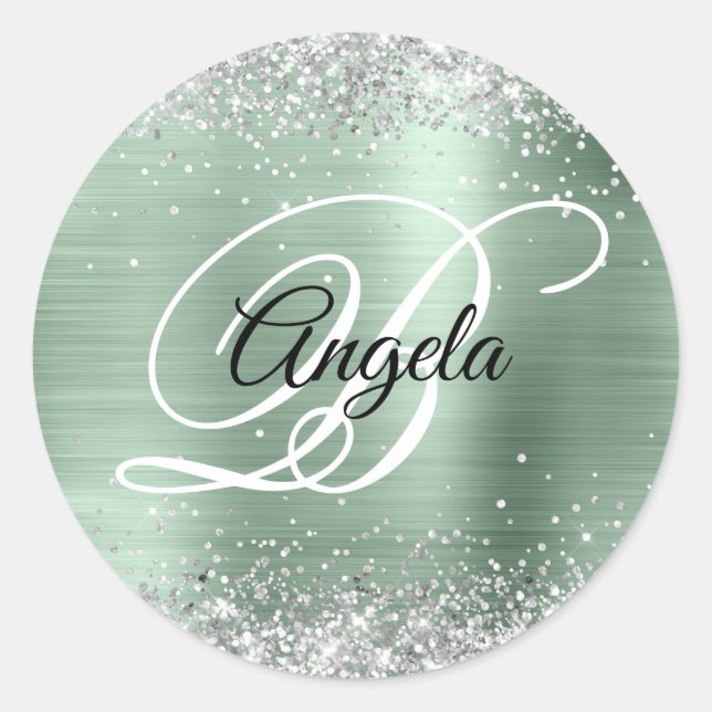 Faux Silver Glitter Pale Mint Foil Monogram Classic Round Sticker (Front)