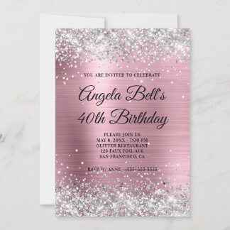 Faux Silver Glitter Pale Pink Foil Fancy Monogram Invitation