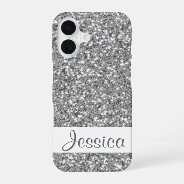 Faux Silver Glitter Pattern Look-like With Name iPhone 16 Case (Back)