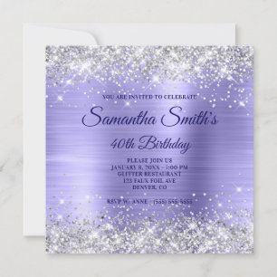 Faux Silver Glitter Periwinkle Foil 40th Birthday Invitation
